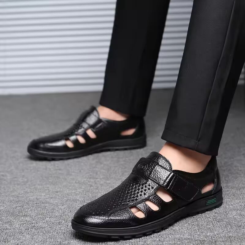 Men's Leather Sandals Hollow Out Breathable Summer Sandals Business Casual Work Shoes for Men Non Slip Beach Sandalias Size 48