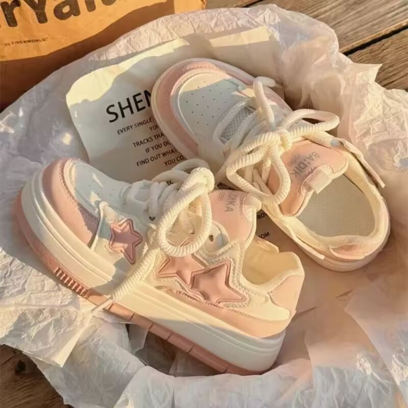 2024 New Korean Shoes Kawaii Pink Platform Sneakers Women Vintage Vulcanize Spring Summer Casual Tennis Female Flats Footwear